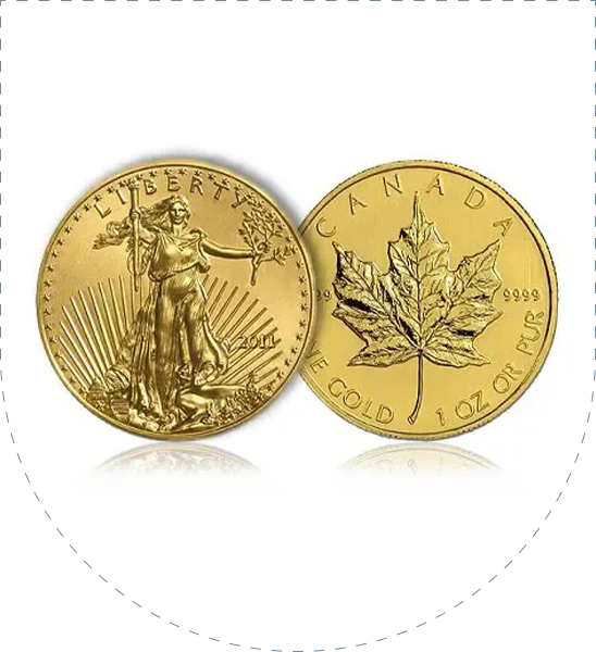 A gold coin and maple leaf on top of a white background.